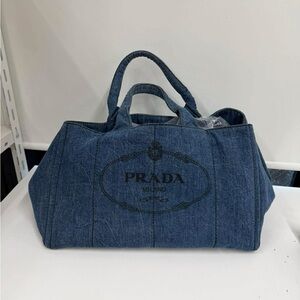 Prada Canapa Denim Tote with Gold Triangle Logo - Indigo Blue Large